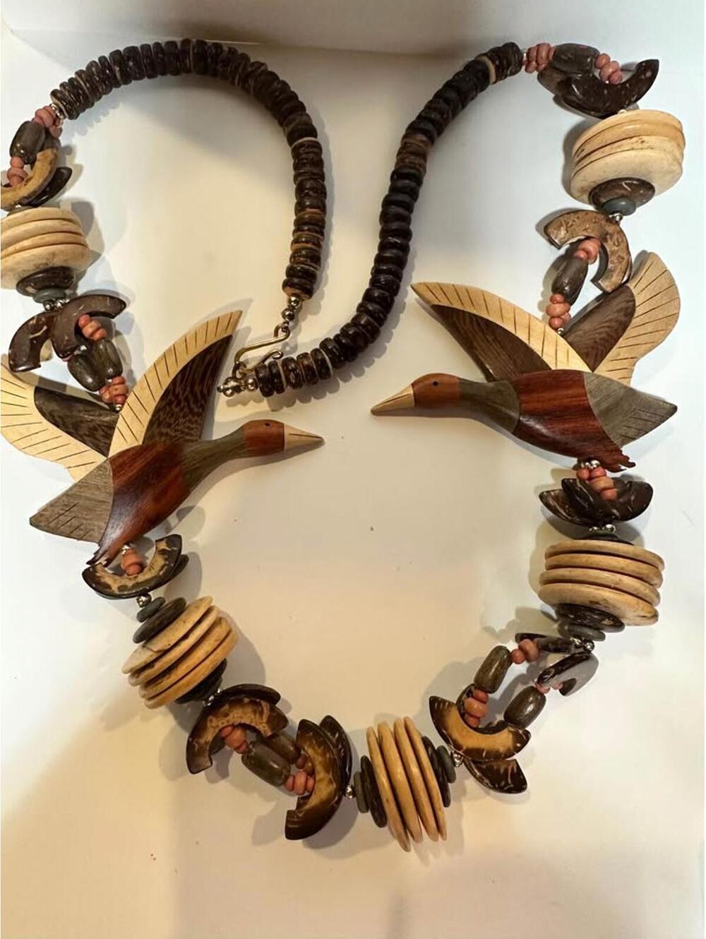 Vintage Hand Carved Wood Duck Necklace and Earring Set